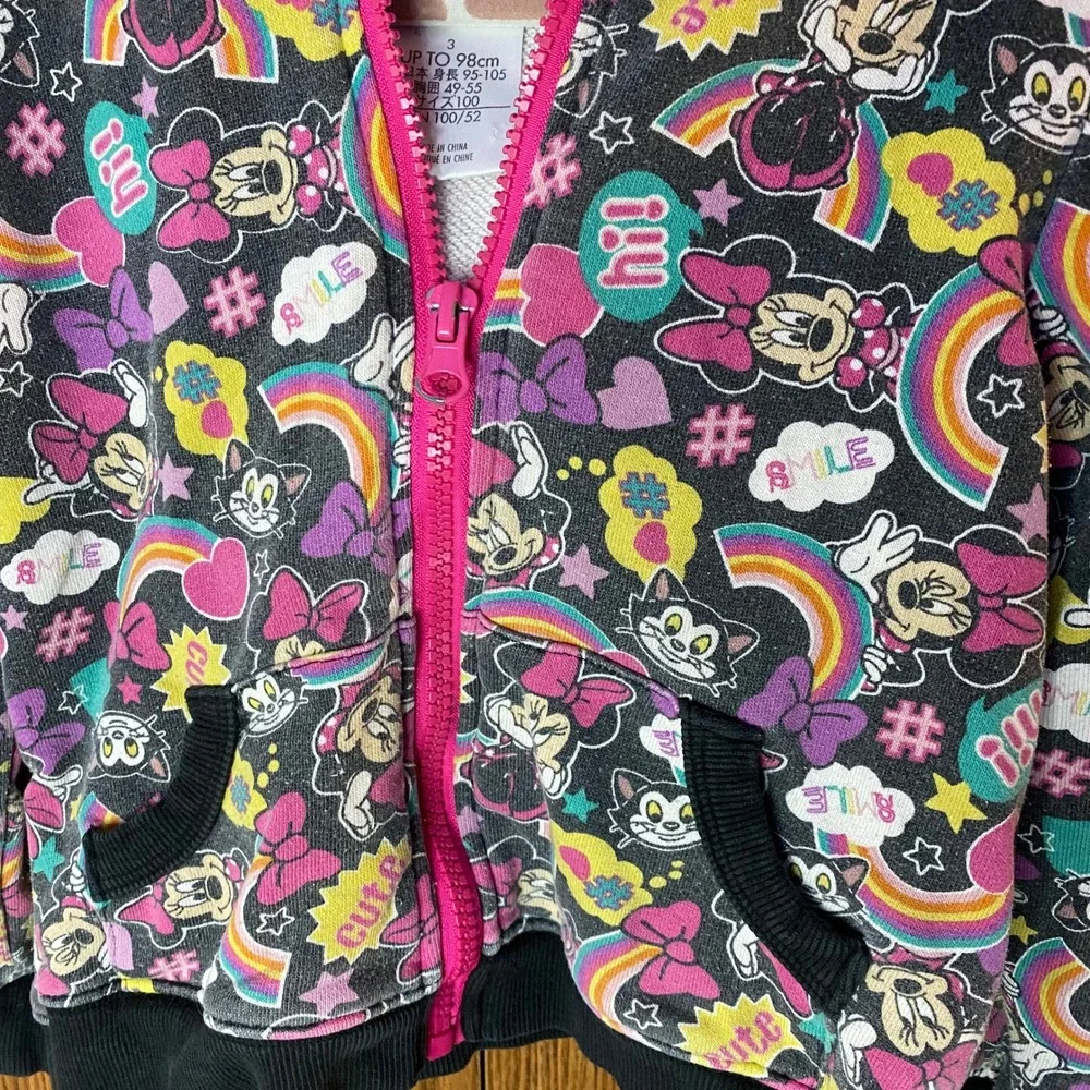 Disney Store Hoodie Kids Size 3 Gray Minnie Mouse Figaro Rainbow Zip Sweatshirt